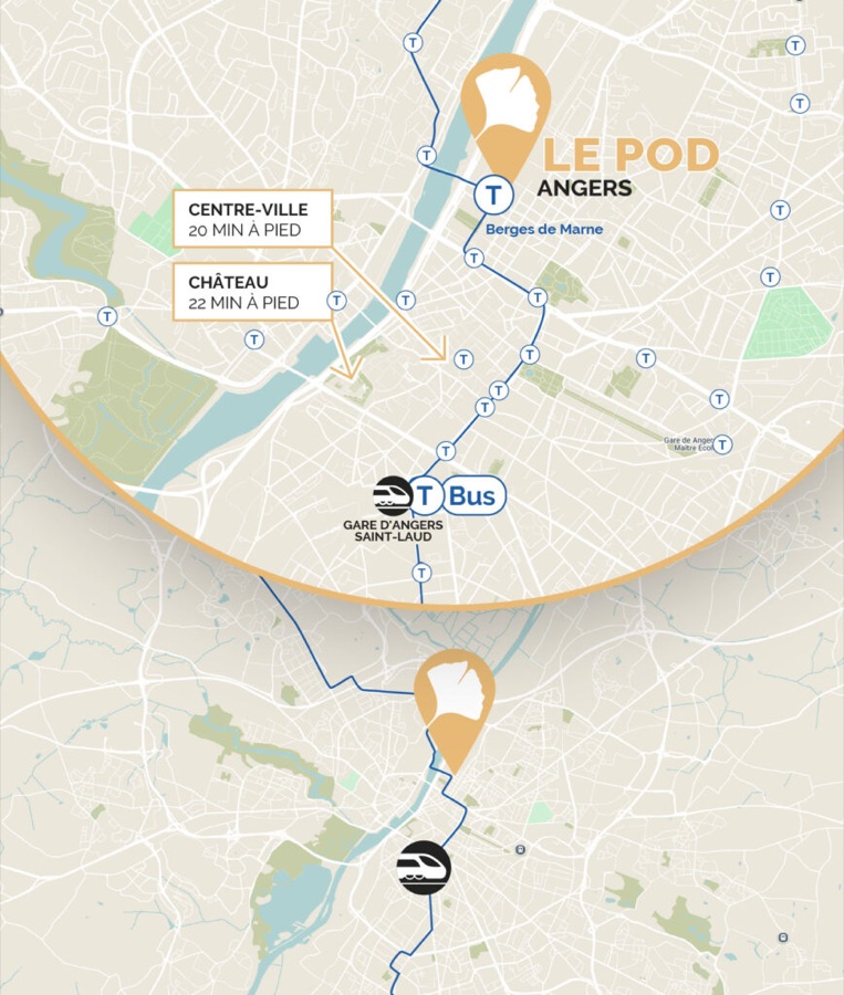Plan d acces au POD Angers Saint-Serge, quartier Saint-Serge, 11 allee du President Chirac, tramway berges de Maine